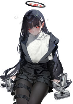 1girl absurdres black_hair black_jacket black_pantyhose black_skirt blue_archive blush breasts can drunk halo han-0v0 highres huge_breasts jacket long_hair pantyhose parted_lips red_eyes rio_(blue_archive) simple_background sitting skirt solo squeans sweater very_long_hair white_background white_sweater