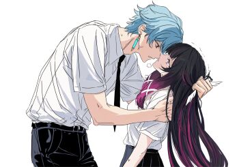 1boy 1girl alternate_costume alvis_tayl96598 bags_under_eyes belt black_belt black_hair black_necktie black_pants black_skirt blue_hair collared_shirt columbina_(genshin_impact) contemporary dottore_(genshin_impact) earrings eye_contact from_side genshin_impact grabbing_another's_hair hair_ornament hair_ribbon hand_on_another's_arm highres holding_another's_hair jewelry long_hair looking_at_another multicolored_hair necktie pants parted_lips purple_eyes purple_hair red_eyes ribbon shirt short_hair short_sleeves simple_background skirt two-tone_hair veins white_background white_ribbon white_shirt wing_hair_ornament