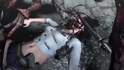 1girl 3d animated belt blonde_hair blood blue_sailor_collar bouncing_breasts breasts capcom death game_over gun hairband highres holster knife medium_breasts midriff open_mouth resident_evil resident_evil_6 restrained ryona sailor_collar school_uniform sherry_birkin short_hair short_shorts shorts struggling tagme thigh_holster video weapon