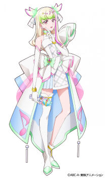 1girl asymmetrical_footwear bare_shoulders blonde_hair boots bracelet copyright_notice cure_zukyuun dress earrings elbow_gloves fortissimo full_body gloves hair_ornament hair_ribbon high_heels highres holding holding_microphone jewelry kimi_to_idol_precure long_hair looking_at_viewer microphone multicolored_hair musical_note musical_note_hair_ornament official_art precure purirun_(precure) ribbon second-party_source simple_background solo standing streaked_hair tachi-e thigh_boots white_background white_boots white_dress white_gloves