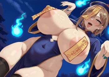 1girl absurdres alternate_costume amadeuslight aqua_nails areola_slip atelier_(series) atelier_ryza black_thighhighs blue_dress breastless_clothes breasts bright_pupils brown_eyes brown_hair china_dress chinese_clothes commentary covered_erect_nipples covered_navel cowboy_shot dress dutch_angle earrings english_commentary fingernails ghost_pose groin hair_ornament hairclip halloween halloween_costume hat highres hitodama huge_breasts jewelry jiangshi_costume long_fingernails looking_at_viewer medium_hair night ofuda ofuda_on_head ofuda_on_nipples one_eye_covered open_mouth outdoors pasties pelvic_curtain qingdai_guanmao reisalin_stout smile solo tassel tassel_earrings thighhighs thighs tongue tongue_out uvula white_pupils wide_sleeves
