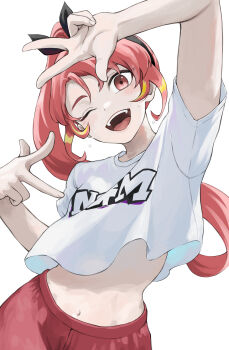 1girl absurdres black_hairband blush bow_hairband character_request commentary_request copyright_request double_w fengling_(furin-jp) hairband highres long_hair looking_at_viewer navel one_eye_closed open_mouth ponytail red_eyes red_hair red_shorts shirt short_sleeves shorts simple_background smile solo stomach sweat teeth upper_body upper_teeth_only w white_background white_shirt