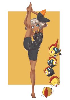 1girl absurdres barefoot bea_(pokemon) black_bodysuit black_hairband blue_eyes bodysuit breasts collarbone commentary_request covered_navel dark-skinned_female dark_skin falinks full_body gen_8_pokemon grey_hair gym_leader hairband hands_on_feet highres knee_pads kneepits nintendo pokemon pokemon_(creature) pokemon_swsh ppangkkaru short_hair skin_tight split standing standing_on_one_leg standing_split toes two-tone_background