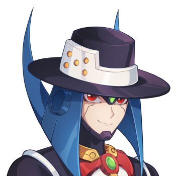 1boy adapted_costume black_eyeliner body_armor bodystocking bow bowler_hat bowtie collar commission commissioner_upload eyelashes eyeliner facial_mark forehead_jewel hat headshot highres looking_at_viewer makeup mechanical_ears medium_hair mega_man_(series) mega_man_x:_command_mission mega_man_x_(series) mega_man_zero_(series) non-web_source purple_hair red_eyes smirk solo spider_(mega_man) transparent_background uta_guipiy