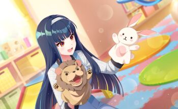 1girl :d blue_hair blunt_bangs blurry blurry_background blurry_foreground brown_eyes commentary_request depth_of_field game_cg hairband highres indoors long_hair long_sleeves official_art open_mouth senju_koyomi smile solo stuffed_animal stuffed_toy sweater teddy_bear third-party_source upper_body very_long_hair world_dai_star