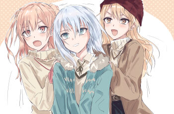 3girls bang_dream! bang_dream!_girls_band_party! beanie blonde_hair blue_eyes blue_jacket brown_coat brown_eyes brown_ribbon coat collared_shirt commentary grey_hair grin hat highres hiromachi_nanami jacket kirigaya_toko kurata_mashiro long_hair long_sleeves multiple_girls neck_ribbon nervous_smile open_clothes open_coat open_jacket open_mouth orange_eyes orange_hair polka_dot polka_dot_background red_hat ribbed_sweater ribbon shirt smile sweater turtleneck turtleneck_sweater upper_body white_shirt white_sweater yellow_background yukitake_(bullfalk)