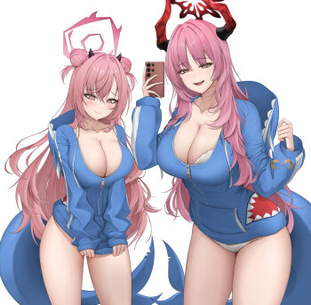 2girls absurdres averting_eyes blue_archive blue_hoodie blush bra breasts cleavage closed_mouth cosplay embarrassed eyebrows_hidden_by_hair fins fish_tail gawr_gura gawr_gura_(cosplay) halo highres holding holding_phone hood hoodie hooni961130 horns kirara_(blue_archive) large_breasts long_hair looking_at_viewer multiple_girls naughty_face open_mouth panties phone pink_eyes pink_hair pink_halo satsuki_(blue_archive) shark_tail simple_background smile tail teeth underwear upper_teeth_only very_long_hair white_background white_bra white_panties