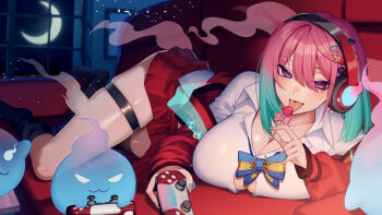 1girl :3 aqua_hair aqua_nails asymmetrical_legwear badge black_socks black_thighhighs blue_bow blue_bowtie blush bow bowtie breasts button_gap candy cleavage cluseller collarbone collared_shirt commission controller crescent_moon eyelashes fang fingernails food game_controller ghost ghost_tail gradient_hair gradient_nails gyaru hair_between_eyes hair_ornament hairclip headphones highres holding holding_candy holding_controller holding_food holding_game_controller holding_lollipop huge_breasts indoors jacket licking lollipop long_sleeves looking_at_viewer lumilive lying medium_hair mole mole_under_eye moon multicolored_hair multicolored_nails nail_polish night on_side open_clothes open_jacket open_mouth pink_bow pink_eyes pink_hair pink_nails pleated_skirt red_jacket red_skirt reiyu_guigui shirt single_thighhigh skeb_commission skindentation skirt sleeves_past_wrists smile socks striped_bow striped_bowtie striped_clothes thigh_strap thighhighs thighs tongue tongue_out two-tone_bow two-tone_bowtie two-tone_hair two-tone_nails v-shaped_eyes virtual_youtuber white_shirt window yellow_bow yellow_bowtie