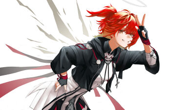 Rule 34 | 1girl, :d, absurdres, arknights, arm up, black gloves, black jacket, commentary, cowboy shot, detached wings, exusiai (arknights), exusiai the new covenant (arknights), fingerless gloves, gloves, grey halo, grin, hair between eyes, halo, hand on own hip, highres, hood, hood down, hooded jacket, jacket, kai chun, looking at viewer, medium hair, open mouth, red hair, simple background, smile, solo, standing, traditional halo, w, white background, wings, yellow eyes