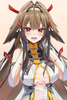 1girl animal_ears bare_shoulders blush book breasts brown_hair china_dress chinese_clothes commentary_request dress eretto highres large_breasts long_hair looking_at_viewer open_mouth red_eyes see-through_cleavage see-through_clothes smile solo white_dress ye_shunguang zenless_zone_zero