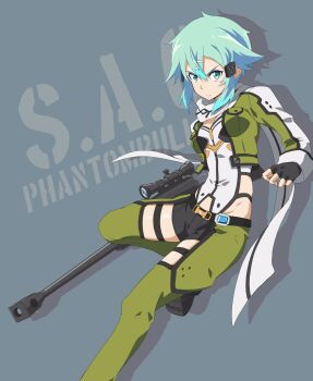 1girl anti-materiel_rifle aqua_eyes aqua_hair asagi501 belt black_belt black_boots black_gloves black_leotard black_shorts black_trim bolt_action boots breasts closed_mouth commentary_request copyright_name cropped_jacket detached_pants double-parted_bangs drop_shadow fingerless_gloves foot_out_of_frame frown gloves green_jacket green_pants grey_background groin gun hair_between_eyes hair_ornament hairclip highleg highleg_leotard highres holding holding_gun holding_weapon jacket leg_up leotard long_sleeves looking_at_viewer medium_breasts medium_hair messy_hair multicolored_leotard open_clothes open_jacket pants pgm_hecate_ii rifle scarf short_shorts shorts sidelocks sinon sniper_rifle solo split_mouth standing standing_on_one_leg sword_art_online tassets thigh_strap two-tone_leotard v-shaped_eyebrows weapon weapon_request white_jacket white_leotard white_scarf