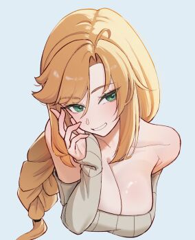 1girl ahoge alternate_costume benevolent_leanne blonde_hair blush breasts cleavage collarbone commentary cropped_torso english_commentary green_eyes hungr_(nyanom) last_origin long_braid long_hair looking_at_viewer off-shoulder_sweater off_shoulder ribbed_sweater simple_background smile solo sweater upper_body