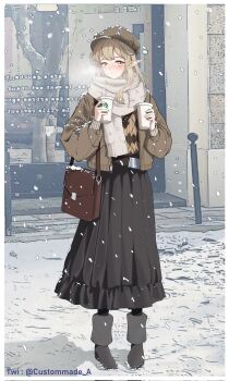 Rule 34 | 1girl, arknights, bag, black pantyhose, black skirt, blush, boots, breath, brown boots, brown eyes, brown hair, brown hat, brown jacket, closed mouth, corrupted twitter file, cup, disposable coffee cup, disposable cup, drinking glass, fringe trim, grey scarf, hat, highres, holding, holding cup, jacket, long hair, long sleeves, looking at viewer, muelsyse (arknights), muxuan, newsboy cap, open clothes, open jacket, outdoors, pantyhose, pointy ears, puffy long sleeves, puffy sleeves, scarf, shoulder bag, skirt, snow, snowing, solo, sweater vest, twitter username