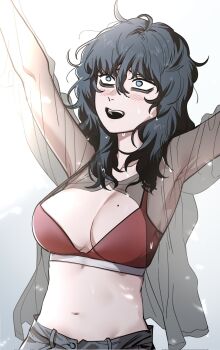 1girl bikini black_hair breasts cleavage gye_baeksoon hair_between_eyes highres jacket jimiko long_hair messy_hair mojyo mole mole_on_breast navel original outdoors red_bikini see-through_clothes see-through_jacket solo swimsuit unemployed_gye_baeksoon wet wet_clothes zirarval
