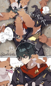 Rule 34 | !, 1boy, 2koma, 6+others, ?, animal, animal on chest, animal on face, animal on shoulder, artist name, baby animal, black gloves, black jacket, brown dog, closed eyes, closed mouth, comic, dog, gloves, green hair, highres, jacket, leather, leather jacket, licking, lighter (zenless zone zero), lying, male focus, multiple dogs, multiple others, on back, on ground, puppy, red scarf, saliva, scarf, short hair, shoulder spikes, sound effects, spiked jacket, spikes, spoken exclamation mark, spoken question mark, spoken sound effect, studded gloves, sunglasses, tail, tail wagging, tongue, tongue out, twitter username, zenless zone zero, zunda kaku