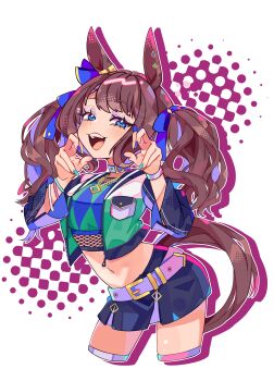 1girl absurdres animal_ears argyle_clothes argyle_shirt bandeau bee_sempai belt blue_eyes blue_nails blush bow breasts brown_hair collar commentary crop_top cropped_jacket ear_bow ear_ornament english_commentary fishnet_top fishnets grin highres horse_ears horse_girl horse_tail jacket long_hair long_sleeves looking_at_viewer midriff navel open_mouth purple_belt purple_collar shirt skirt smile solo striped_bandeau tail teeth tosen_jordan_(pop_joker)_(umamusume) tosen_jordan_(umamusume) twintails umamusume