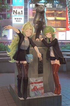 2girls absurdres ahoge alaskastomatoez alternate_costume bag beer_can black_jacket black_shorts black_skirt boots braid breasts building can closed_mouth commentary commission contemporary double_v drink_can english_commentary facing_viewer fire_emblem fire_emblem_awakening garter_straps green_hair high_heel_boots high_heels highres holding holding_can jacket long_hair long_sleeves looking_at_viewer mother_and_child multiple_girls nah_(fire_emblem) nintendo nowi_(fire_emblem) open_clothes open_jacket outdoors parent_and_child pointy_ears purple_eyes red_boots second-party_source shibuya_(tokyo) short_shorts shorts shoulder_bag skirt small_breasts statue thigh_boots thighhighs thighs tokyo_(city) twin_braids v very_long_hair