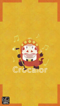 Rule 34 | animal focus, blue eyes, character name, commentary, crocalor, crocodile, crocodilian, fangs, hat, highres, holding, holding microphone stand, meme (sleepsheep), microphone stand, musical note, nintendo, no humans, open mouth, pokemon, pokemon (creature), pokemon focus, smile, sombrero, symbol-only commentary, tail, teeth