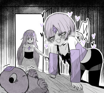 1boy 1girl 1other akukan bed blush bob_cut bow chest_jewel choker crown door dress fang forehead_jewel grey_hair hair_flaps heart highres hololive hololive_english koseki_bijou long_hair pantyhose pebble_(koseki_bijou) short_hair very_long_hair virtual_youtuber walk-in wide-eyed