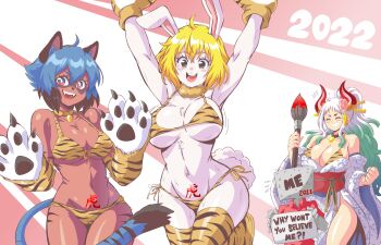 1other 2022 3girls ^_^ ahoge alternate_costume animal_ears animal_hands animal_nose animal_print arms_up artist_self-insert bare_shoulders behind_another bikini bikini_under_clothes black_eyes black_hair blonde_hair blue_eyes blue_hair body_fur body_writing boots bouncing_breasts brand_new_animal breasts buck_teeth carrot_(one_piece) chinese_zodiac choker claws cleavage closed_eyes commentary covered_erect_nipples crossover curled_horns detached_collar detached_sleeves english_text female_focus flower flying_sweatdrops fur_collar furry furry_female gloves green_hair grin groin hair_between_eyes hair_flower hair_ornament hair_stick hands_up height_difference high_ponytail highres holding holding_sign horns huge_breasts japanese_clothes kagemori_michiru kimono large_breasts lewdamone long_hair long_sleeves looking_at_viewer lowleg lowleg_bikini medium_hair micro_bikini multicolored_eyes multicolored_hair multicolored_horns multiple_girls navel nervous_sweating o-ring o-ring_bikini o-ring_top obi one_piece open_mouth orange_horns paw_gloves pink_eyes ponytail print_bikini rabbit_ears rabbit_girl rabbit_tail raccoon_ears raccoon_girl red_fur red_horns sash shiny_skin shirt short_sleeves side-by-side side-tie_bikini_bottom side-tie_bottom side_slit sign smile standing stomach strapless sweat swimsuit symbol-only_commentary tail tall_female teeth thigh_boots thighhighs tiger_print tiger_print_bikini trait_connection two-tone_hair unaligned_breasts underboob v-shaped_eyebrows very_long_hair white_fur white_hair wide_sleeves yamato_(one_piece) year_of_the_tiger
