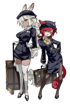 2girls absurdres animal_ears black_jacket black_pantyhose black_skirt chu_yeon dark_skin eyepatch gloves grey_eyes grey_hair high_heels highres jacket long_hair medium_hair multiple_girls original pantyhose red_eyes red_hair ribbon shirt simple_background skirt tail thighhighs thighs white_background white_gloves white_shirt white_thighhighs yellow_ribbon