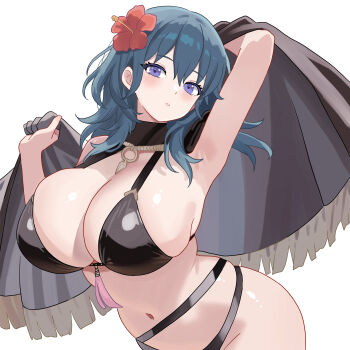 1girl absurdres arm_up armpits bare_shoulders bikini black_bikini blue_eyes blue_hair breasts byleth_(fire_emblem) cape cleavage closed_mouth female_byleth_(fire_emblem) female_byleth_(summer)_(fire_emblem) fire_emblem fire_emblem:_three_houses fire_emblem_heroes flower hair_flower hair_ornament hand_up hibiscus highres huge_breasts looking_at_viewer n_54 navel nintendo official_alternate_costume red_flower sideboob skindentation solo swimsuit white_background
