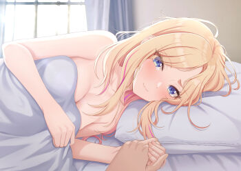 1boy 1girl absurdres bed_sheet blonde_hair blue_eyes blush breasts commentary_request completely_nude gakuen_idolmaster hetero highres holding_hands idolmaster juo_sena looking_at_viewer lying medium_breasts nude on_side pillow pov pov_hands smile sulgi_park under_covers upper_body