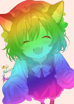 1girl absurdres animal_ears blush bow bowtie cat_ears chen closed_eyes commentary_request earrings facing_viewer fang frilled_skirt frills full_body hat highres iris-san jewelry long_sleeves mary_janes mob_cap rainbow_gradient reaching reaching_towards_viewer shirt shoes short_hair signature single_earring skirt smile socks solo touhou unfinished vest white_background