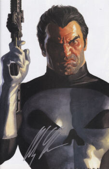 1boy alex_ross black_bodysuit black_hair bodysuit brown_eyes comic_cover cover cover_page facial_hair frown gloves grey_facial_hair gun holding holding_gun holding_weapon looking_at_viewer male_focus marvel mature_male official_art one_eye_in_shadow realistic short_hair signature skull solo stubble the_punisher_(character) the_punisher_(series) upper_body weapon western_comics_(style) white_background white_gloves widow's_peak