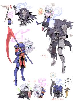 4boys ahoge arm_armor armband armlet armor armored_boots arms_up black_armor black_cape black_gauntlets black_hat black_sclera black_shorts black_socks black_wings blue_armor blue_fire blue_footwear blue_scarf blue_skin blue_vest boots bracelet braid braided_sidelock breastplate bug butterfly cape carrying carrying_over_shoulder carrying_person claws closed_eyes closed_mouth collar colored_sclera colored_skin dipsen_(inu_fuji) dullahan fire focas_(inu_fuji) food frown full_armor full_body gauntlets gold_armor gold_gauntlets gold_trim greaves green_eyes green_fire hair_over_one_eye hand_up hat head_off headless helmet hip_armor holding holding_head holding_net holding_own_head holding_paper holding_scythe holding_unworn_helmet holding_weapon insect inu_fuji japanese_text jewelry long_hair looking_to_the_side male_focus monster_boy multiple_boys multiple_eyes multiple_views open_mouth original orurutu_(inu_fuji) over_shoulder paper pink_fire pointy_ears popcorn red_armband red_eyes scarf scythe sharp_teeth shirt shorts shoulder_armor sidelocks simple_background sleeves_rolled_up smile socks spiked_armband spiked_armlet spiked_armor spiked_bracelet spiked_collar spikes standing teeth third_eye torn_clothes torn_hat torn_scarf translation_request triple_ahoge two-sided_fabric undershirt unworn_headwear unworn_helmet upper_body vest weapon weapon_over_shoulder white_background white_hair white_shirt wings xain_(inu_fuji) yellow_cloak yellow_hat