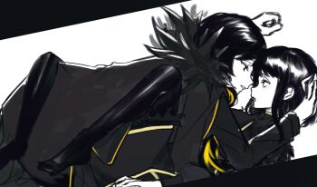 2girls binah_(project_moon) black_coat black_dress black_hair black_pantyhose blonde_hair coat coat_on_shoulders dress eye_contact highres library_of_ruina long_hair long_sleeves looking_at_another m_ttl medium_hair multicolored_hair multiple_girls open_mouth pantyhose parted_lips project_moon simple_background streaked_hair white_background yuri zena_(project_moon)