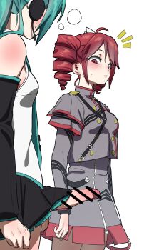 1futa 1girl absurdres ahoge aqua_hair aqua_necktie bar_censor bare_shoulders black_skirt blush breasts censored clothes_lift detached_sleeves dress drill_hair erection futanari grey_dress grey_jacket hatsune_miku headset highres jacket kasane_teto kasane_teto_(sv) layered_sleeves long_hair long_sleeves looking_at_penis looking_down miniskirt necktie pleated_skirt red_eyes red_hair shirt short_over_long_sleeves short_sleeves sigyongtoggi skirt skirt_lift sleeveless sleeveless_shirt small_breasts sweatdrop synthesizer_v testicles twin_drills twintails utau vocaloid white_shirt zipper zipper_pull_tab