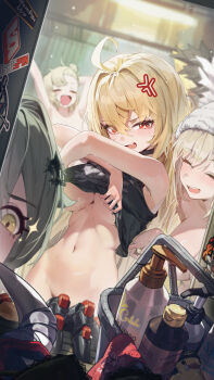 4girls absurdres alternate_breast_size_(larger) anger_vein arms_up black_choker black_shirt blonde_hair blush bottomless breasts burnice_white caesar_king_(zenless_zone_zero) choker closed_eyes green_hair highres large_breasts locker locker_room long_hair luciana_de_montefio multiple_girls nude open_mouth piper_wheel red_eyes shampoo_bottle shirt sparkle sushispin towel towel_on_head undressing yellow_eyes zenless_zone_zero
