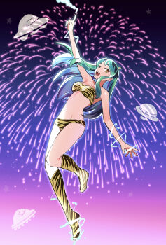 1girl animal_print bikini blue_hair boots breasts commentary_request cone_horns fireworks full_body gradient_background gradient_hair green_hair highres horns index_finger_raised knee_boots lum medium_breasts multicolored_hair navel nigatsumikka open_mouth orange_eyes pointy_ears print_bikini print_boots smile solo strapless strapless_bikini swimsuit tiger_print ufo urusei_yatsura