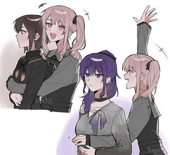 +++ 1other 2girls akiyama_mizuki androgynous arm_up asahina_mafuyu black_choker blush bob_cut breasts brown_eyes choker closed_mouth commentary hair_over_shoulder haruka_3442 high_ponytail highres hug hug_from_behind long_hair long_sleeves multiple_girls outstretched_hand pink_eyes pink_hair ponytail project_sekai purple_eyes purple_hair shinonome_ena short_hair side_ponytail sidelocks sweater symbol-only_commentary turtleneck turtleneck_sweater upper_body