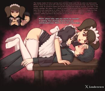 1boy 1girl amamiya_ren artistic_error english_text femdom highres kawakami_sadayo leoderorero maid persona persona_5 saliva speech_bubble