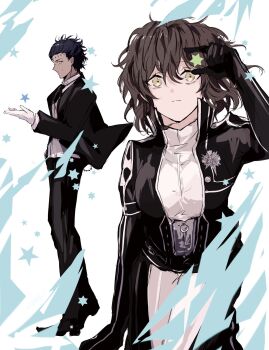 1boy 1girl belt black_gloves black_hair black_jacket black_necktie black_order_uniform black_pants black_shoes black_suit breasts brown_hair collared_jacket cross d.gray-man dark-skinned_male dark_skin earrings emblem facial_mark floating_clothes forehead_mark formal_clothes gloves green_star grey_vest hair_between_eyes hair_slicked_back hand_in_pocket hand_on_floor highres ink_splatter jacket jewelry kneeling large_breasts long_sleeves looking_at_another looking_at_viewer mature_female mature_male messy_hair miranda_lotto mole mole_under_eye multicolored_jacket necktie noah_(d.gray-man) pants parted_lips saddle_shoes shirt shoes short_hair smile sodamachi star_(symbol) striped_clothes striped_jacket stud_earrings suit two-tone_jacket two-tone_pants tyki_mikk vertical-striped_clothes vertical-striped_jacket vest wavy_hair white_background white_gloves white_jacket white_pants white_shirt yellow_eyes