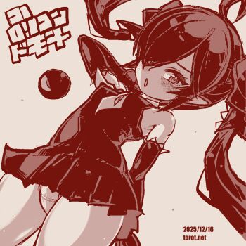 1girl ahoge arm_behind_head armpit_crease backbeako_(torotei) backbeard blush breasts commentary dated dated_commentary dress dutch_angle elbow_gloves gegege_no_kitarou gloves hair_over_one_eye hair_ribbon halftone halftone_outline kono_lolicon_domome long_hair looking_at_viewer monochrome neckerchief one_eye_closed open_mouth original outline paid_reward_available panties pointy_ears red_theme ribbon short_dress simple_background sleeveless sleeveless_dress small_breasts solo torotei translated twintails underwear very_long_hair watermark web_address