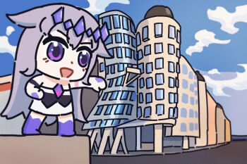 architecture bing_huyue blue_sky blush_stickers bridal_gauntlets building chest_jewel chibi cloud cloudy_sky commentary czech_republic english_commentary gem gem_hair_ornament hand_jewel highres hololive hololive_english koseki_bijou long_hair open_mouth pebble_(koseki_bijou) punching purple_eyes purple_gemstone purple_hair purple_shoes shoes sky the_dancing_house virtual_youtuber