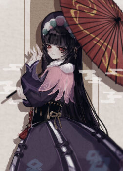 1girl black_hair blunt_bangs bonnet capelet chinese_clothes commentary_request dress genshin_impact hair_ornament hat holding holding_umbrella long_hair long_sleeves looking_at_viewer makeup open_mouth purple_hair red_eyes simple_background solo tassel umbrella vision_(genshin_impact) yun_jin_(genshin_impact)