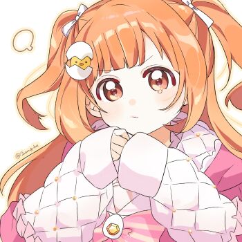 1girl 2nem_g_kti blush bow bowtie closed_mouth egg_hair_ornament food-themed_hair_ornament frilled_jacket frills furrowed_brow gem hair_ornament hair_ribbon hands_up highres hood hooded_jacket jacket kirara_tamako kirara_tamako_(2nd_costume) long_hair long_sleeves nijisanji open_clothes open_jacket orange_eyes orange_hair outline pink_bow pink_bowtie pink_jacket portrait puff_of_air puffy_long_sleeves puffy_sleeves ribbon sailor_collar shirt simple_background sleeves_past_wrists solo striped_bow striped_bowtie striped_clothes tearing_up twitter_username two-sided_fabric two-sided_jacket two_side_up virtual_youtuber white_background white_ribbon white_sailor_collar white_shirt yellow_gemstone yellow_outline