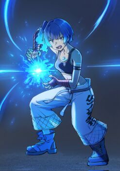 1girl bare_shoulders black_hair black_tank_top blue_fire blue_hair boots breasts chest_jewel commentary_request cropped_shirt dark_background energy_ball fiery_hair fire full_body glowing hadouken highres nemimin open_mouth pants powering_up sena_(xenoblade) solo street_fighter tank_top white_pants xenoblade_chronicles_(series) xenoblade_chronicles_3
