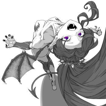 +_+ 1girl arched_back ass barefoot body_markings breasts commission demon_girl demon_wings fangs full_body highres long_hair looking_at_viewer low_wings medium_breasts monochrome nude open_mouth original pointy_ears ponytail purple_eyes skeb_commission smile solo spot_color teeth tocky wings