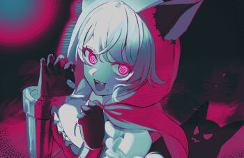 1girl 8prix_x :d @_@ alternate_costume bare_shoulders breasts cape claw_pose commentary_request fang frills genshin_impact highres hood hooded_cape jahoda_(genshin_impact) looking_at_viewer open_mouth red_cape shadow smile solo strapless upper_body