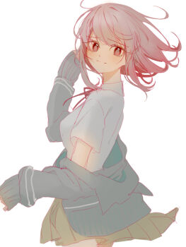 1girl breasts brown_hair brown_skirt cho_koko-kyu_no_washi collared_shirt commentary_request danganronpa_(series) danganronpa_2:_goodbye_despair flipped_hair hair_ornament highres hood jacket long_sleeves looking_at_viewer medium_hair nanami_chiaki neck_ribbon open_clothes open_jacket pink_eyes pink_ribbon pleated_skirt ribbon shirt short_sleeves skirt smile solo white_shirt