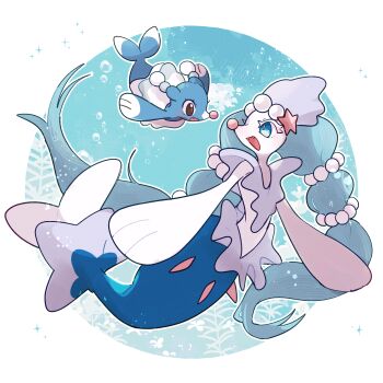 1girl :d air_bubble bad_tag black_eyes blue_eyes blue_fur blue_hair bright_pupils brionne bubble colored_eyelashes fangs full_body furry furry_female gem gen_7_pokemon hair_ornament helmet highres long_hair looking_at_another mermaid monster_girl multi-tied_hair nintendo open_mouth pearl_(gemstone) pearl_hair_ornament pokemon pokemon_(creature) primarina sea_lion simple_background smile snout sstoh starfish_hair_ornament swimming twintails white_background white_fur white_pupils