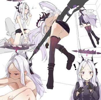 1boy 1girl absurdres ahoge ass black_gloves black_halo black_skirt black_thighhighs blue_archive blue_eyes breasts commentary demon_girl demon_horns english_commentary gloves gun halo highres hina_(blue_archive) holding holding_gun holding_weapon horns long_hair looking_at_viewer machine_gun meyu mg42 nude panties purple_eyes sitting skirt small_breasts standing thighhighs thighs underwear very_long_hair weapon white_hair white_panties