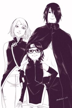 1boy 2girls absurdres bare_shoulders black_cloak black_dress black_gloves black_hair black_headband black_pants black_sleeves boruto:_naruto_next_generations breasts child cloak closed_mouth couple cowboy_shot detached_sleeves dress facial_mark family father_and_daughter fingerless_gloves forehead_mark glasses gloves greyscale hair_over_one_eye hairband hand_on_own_hip haruno_sakura headband hetero highres husband_and_wife konohagakure_symbol medium_breasts midriff monochrome mother_and_daughter multiple_girls naruto_(series) navel pants parted_lips pelvic_curtain sakulove_sssk shirt shoes short_hair smile swept_bangs twitter_username uchiha_sarada uchiha_sasuke white_background white_pants white_shirt white_shoes