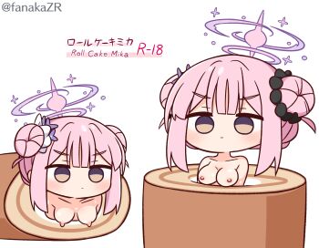 1girl blue_archive blush breasts brown_eyes cake closed_mouth collarbone commentary_request double_bun empty_eyes flower food hair_bun hair_flower hair_ornament halo hana_kazari highres in_food medium_breasts mika_(blue_archive) mini_person minigirl multiple_views nipples nude pink_hair purple_flower sidelocks simple_background swiss_roll translation_request twitter_username v-shaped_eyebrows white_background