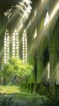 abandoned arch church commentary_request commission grass highres indoors light_rays no_humans original overgrown pillar scenery skeb_commission sumassha_t_t tree window